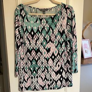 Market & Spruce Black Geometric Long Sleeve Top with Pink & Teal Accents